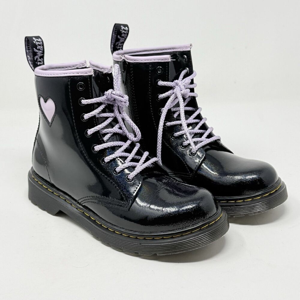Dr Martens 1460 J Combat Boots Kids Girls Size 5 Black Purple Heart Patent Zip